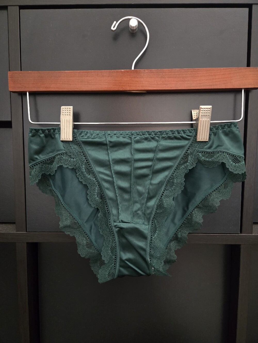 Women's Lace Trim Satin Bikini Panties - Dark Green